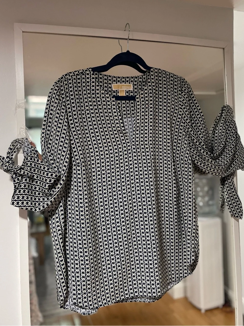 Michael Kors Black and White Geometric Tie-Sleeve Blouse